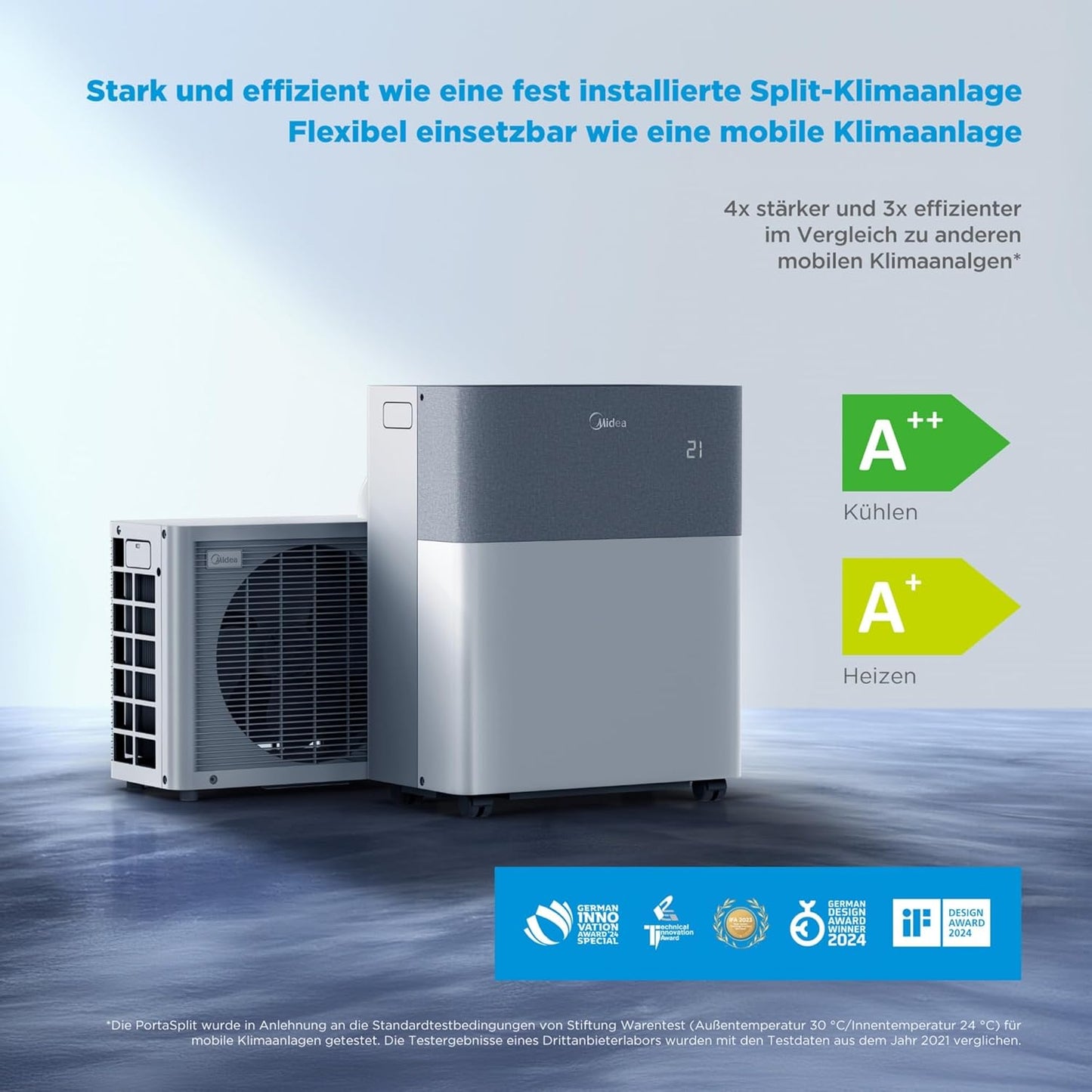 Midea Portasplit Air Conditioning, Mobile Heat Pump, Cooling A++/Heating A+, 12000 BTU 3.5 kW, for Rooms up to 42 m² / 105 m³, Only 39 dB(A) in Silent Mode